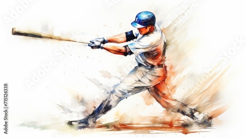 Action shot of a baseball batsmen striking a ball in an impressionistic style with white background.