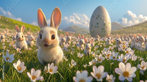 Cute Easter bunnies, field of buttercup flowers, large Easter egg in the distance, Easter, Spring meadow