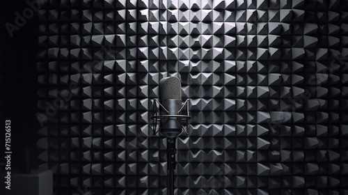 studio condenser microphone in a soundproof room, with acoustic foam walls . 3D rendering photo