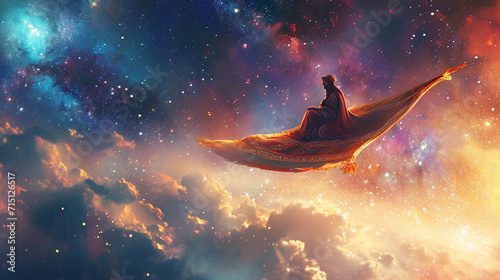 Fotografia A person riding a magical flying carpet across the Milky Way, exploring distant galaxies and cosmic wonders