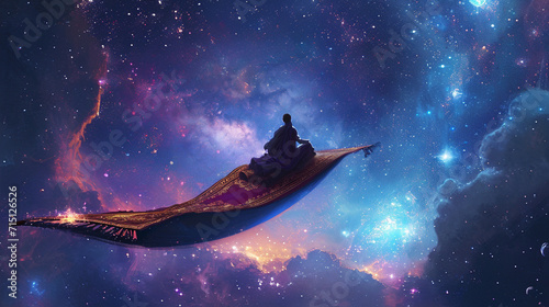 A person riding a magical flying carpet across the Milky Way, exploring distant galaxies and cosmic wonders. Generative AI