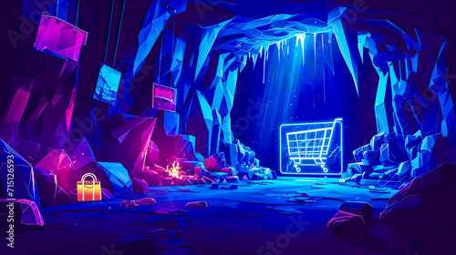 online shopping cart glowing with neon blue light in a stylized crystal cave, with floating shopping bags and digital screens, evoking a theme of modern online shopping in a fantastical setting © edojob