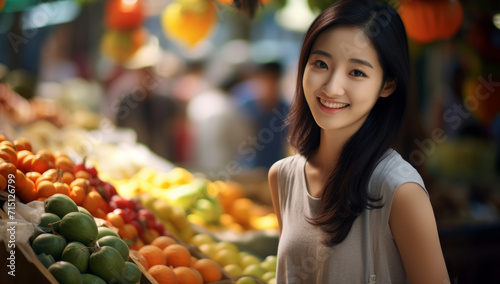 Young happy smiling asian woman stands in an outdoor market with fresh fruit and veg. Food stalls store, admiring a colourful assortment of fresh vegetables at a supermarket