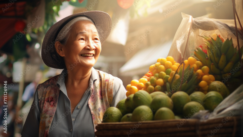 Obraz premium Senior smiling asian woman stands in an outdoor market with fresh fruit and veg. Food stalls store, admiring a colourful assortment of fresh vegetables at a supermarket