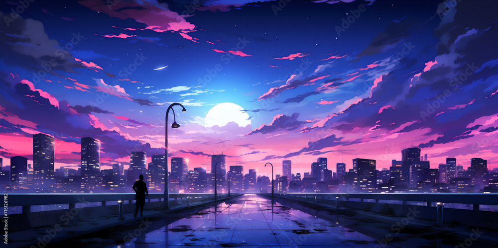 Colorful scene of a city at dawn, blue and pink colors illustration