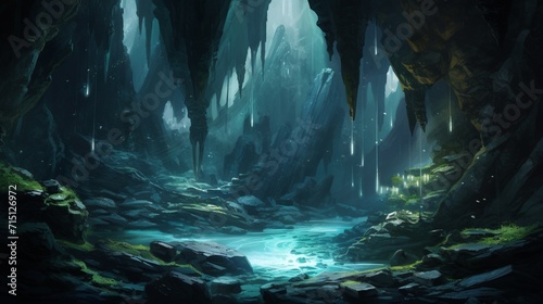 A hidden cave system with glowing crystals and underground waterfalls