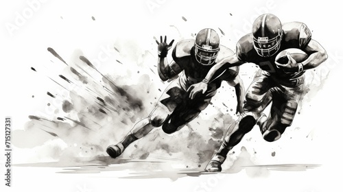 Black and white illustration  action shot off American football running with the ball  chased by opposing team.