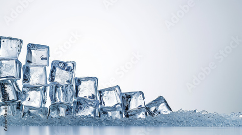 Ice cubes form a graphic of decreasing columns. Melting glaciers  decreasing water stock  climate change concept. White background.