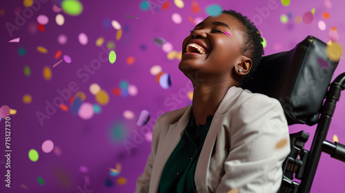 Young happy promoted disabled black african american office worker in a wheelchair celebrating with confetti, workplace promotion celebration inclusion and diversity concept photo