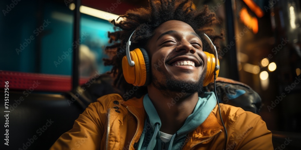Happy young man with headphones, man listening to music, african american adult wears yellow jacket.