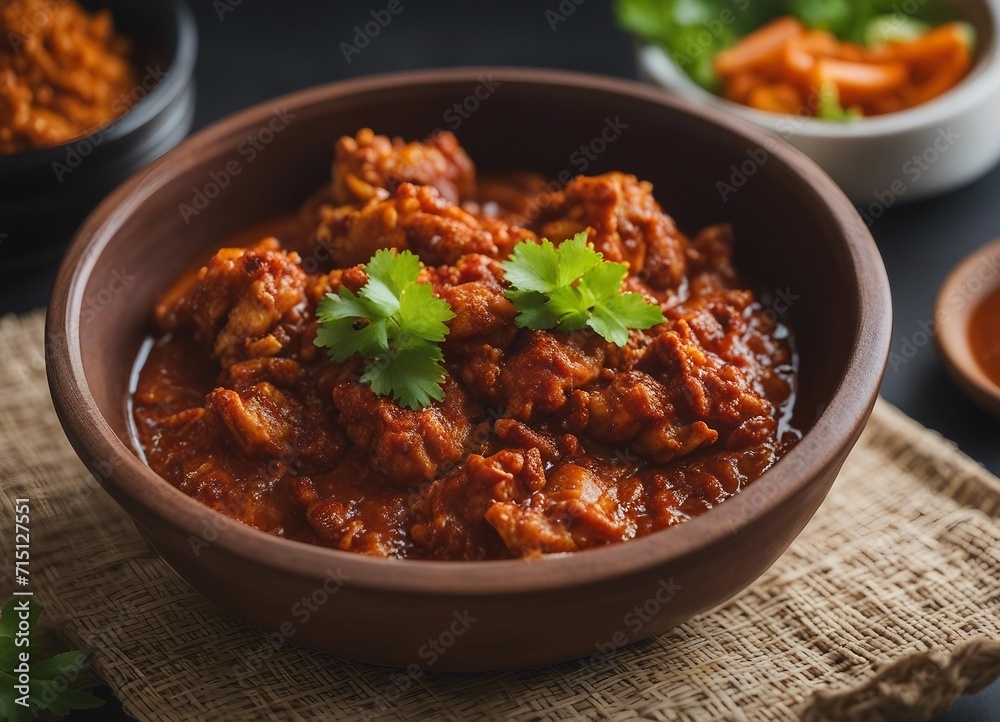 Spicy chicken curry in a clay bowl garnished with cilantro Spicy chicken curry in a clay bowl garnished with cilantro