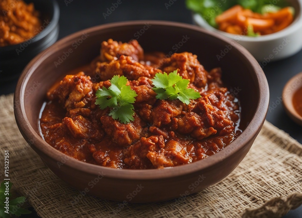 Spicy chicken curry in a clay bowl garnished with cilantro