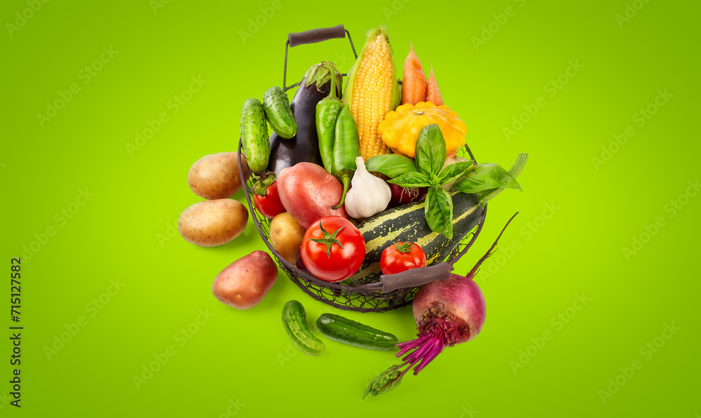 Farm harvest vegetables with spicy herbs spice and garden inventory. Rural still life on green background. Rustic style. Design copyspace place for text
