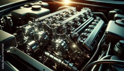 Close-up of a car engine. 3d rendering toned image