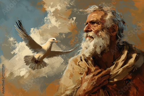Noah's Ark, animals in the storm, bad weather, rain, sea, boat flood mountain, biblicaly history. bird dove religion story spirituality holy. old man with a beard.