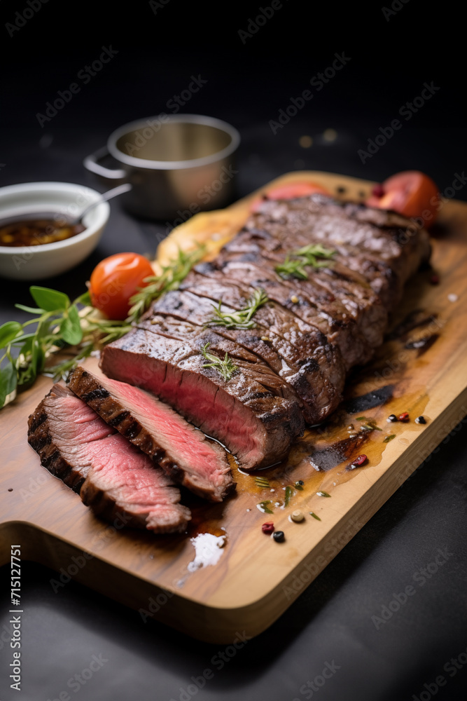Close-up of grilled steak on the black table Close-up of grilled steak on the black table