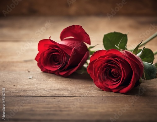 Two red roses stand on a wooden table. Classic style. For design, print, cards - Valentine's Day, Mother's Day or wedding. with copy space