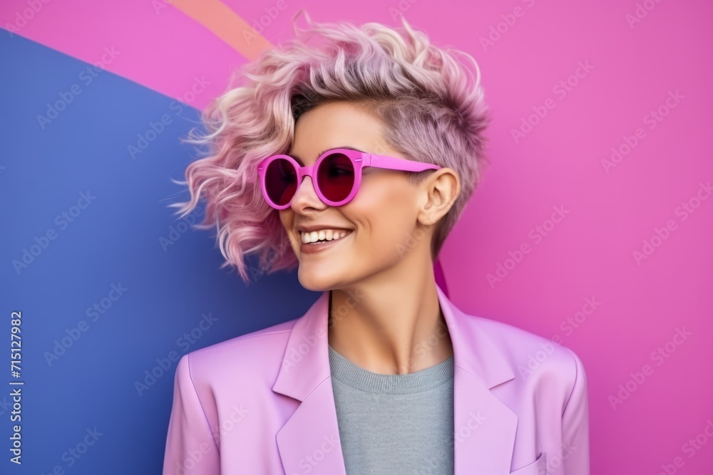 Portrait of a beautiful young woman with pink hair and sunglasses on colorful background