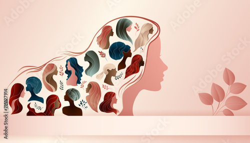 In profile silhouette of a woman with a multitude of multicultural women's silhouettes inside, representing a woman amplifying the voices of other women in the group. Women's day