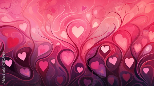 Illustration on the theme of Valentine's Day in red and pink tones with the image of hearts in the form of a background for gift cards and design works.