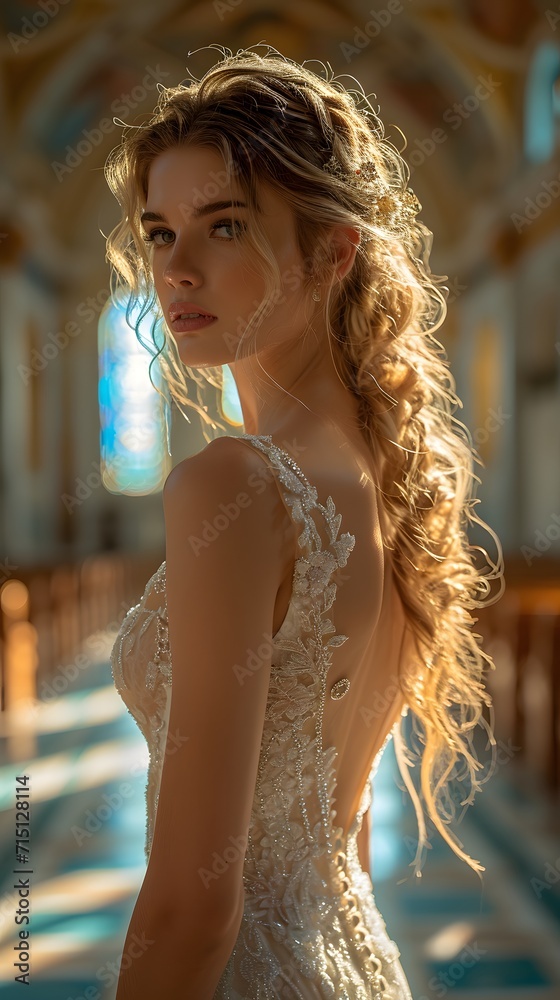 Beautiful bride ready to get married in a high end luxury expensive dress at her church wedding
