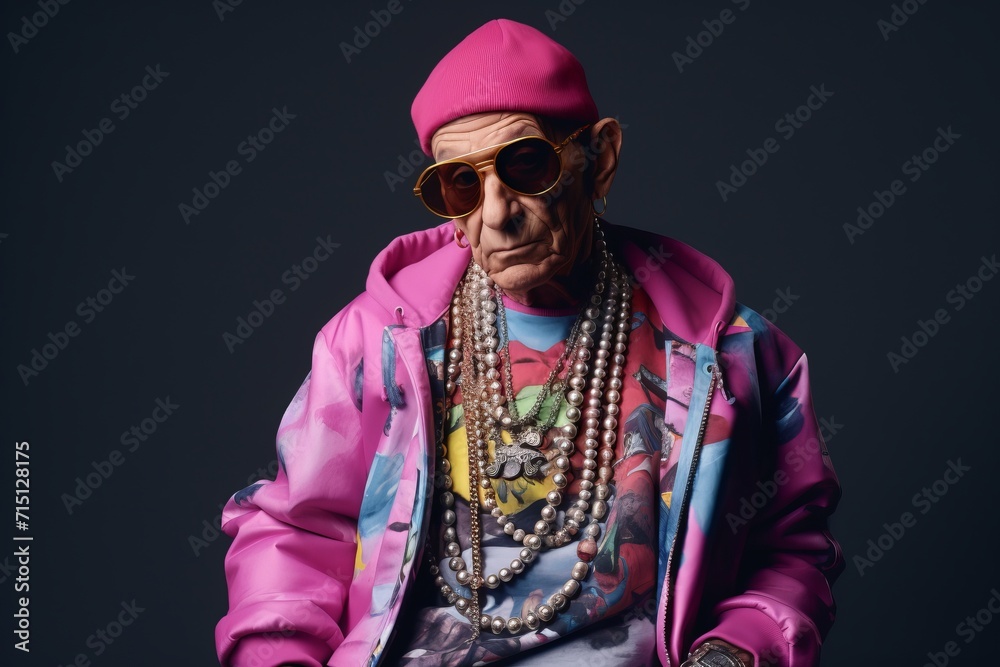 Portrait of an old man in a pink jacket and sunglasses.