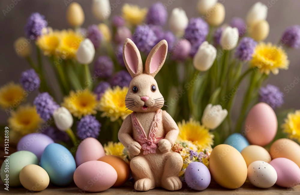 Fototapeta premium Easter decoration with Easter bunny surrounded by colorful Easter eggs and spring flowers