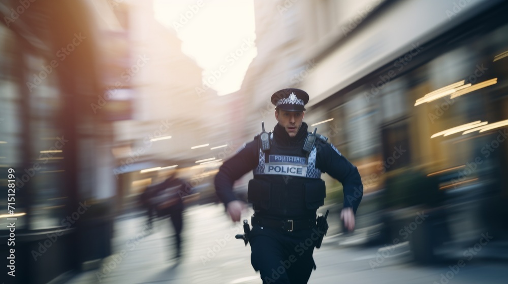 Obraz premium Full shot of UK policeman running through town centre, blurred background --ar 16:9 --style raw --stylize 50 Job ID: 8d3a583d-f8d8-4819-9ad2-d02e861297af