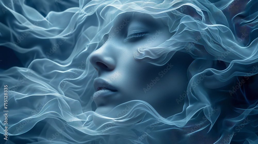 Captivating image a close up woman's face decorated with a with silk or satin cloth. Surrealistic artwork. The intricate details, and utilize soft lighting. The magical and dreamlike ambiance. Captivating image a close up woman's face decorated with a with silk or satin cloth. Surrealistic artwork. The intricate details, and utilize soft lighting. The magical and dreamlike ambiance.