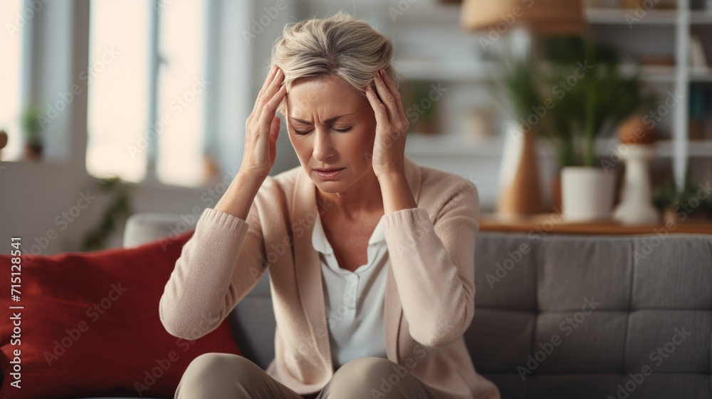 Upset middle-aged woman sit on couch lost in thoughts feel lonely disappointed. Neural network AI generated art Upset middle-aged woman sit on couch lost in thoughts feel lonely disappointed. Neural network AI generated art