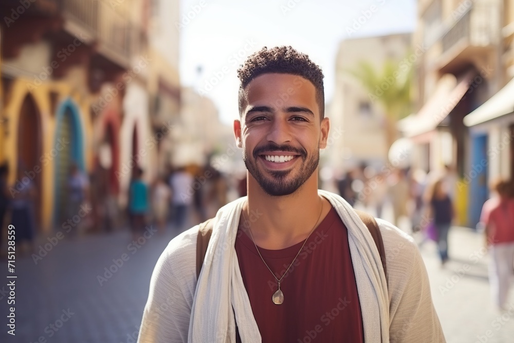 Portrait of a handsome young man smiling at the camera in the street