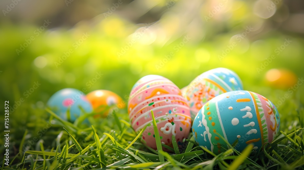 colorful easter eggs scattered on the grass nature