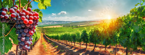 Lush Vineyard with Ripe Grapes Ready for Harvest. Vibrant vineyard rows under a sunny sky, showcasing plump grape clusters ready for the harvest season. photo