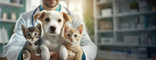 Veterinarian Holding Pets. A veterinarian in a white coat holds a puppy and two kittens, showcasing care and companionship in animal healthcare photo