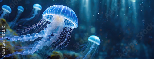 Bioluminescent Jellyfish Adrift in the Ocean Depths. Translucent jellyfish with blue bioluminescence float in the dark ocean, their tentacles trailing beautifully in the water © Igor Tichonow