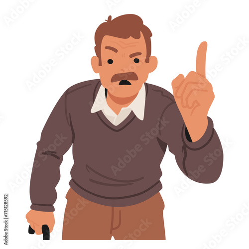 Angry Senior Man Character Fiercely Wags His Finger, Expressing Disapproval With Sternness, Vector Illustration