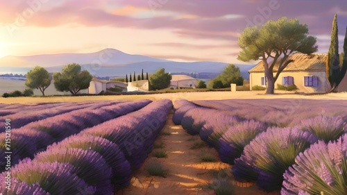 Serene lavender fields at sunset with mountain backdrop. a peaceful countryside landscape. AI