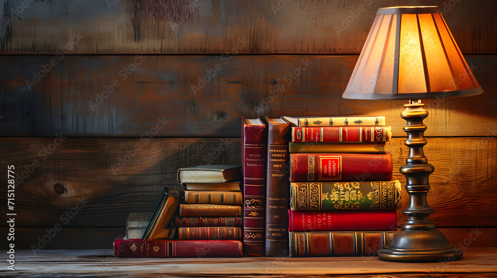 Vintage Books Stack with Reading Lamp on a Wooden Table