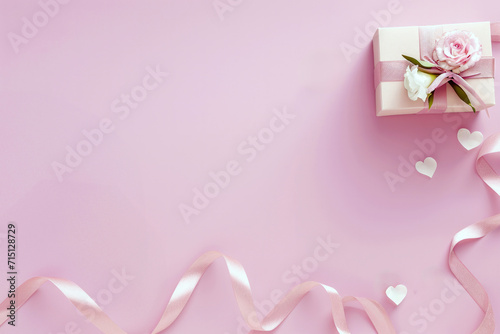 Valentine's day background with gift box and pink ribbon with top view and copy space. High quality photo © oksa_studio