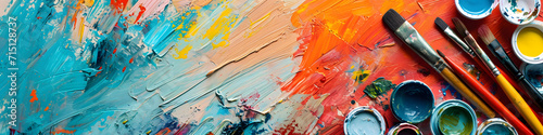 Vibrant Art Supplies with Paint Brushes and Colorful Strokes on Canvas photo