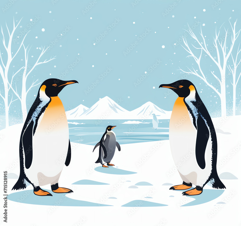 Fototapeta premium winter, snow, ice and penguin used for greeting cards, posters, or social media