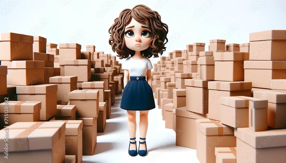 Personnage en pâte à modeler : Femme perdue au milieu de cartons - obrazy, fototapety, plakaty 
