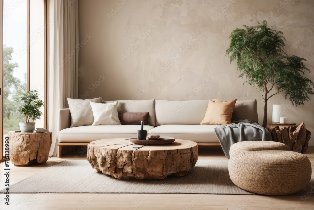 farmhouse interior home design of modern living room with rustic beige sofa and tree trunk edged coffee table with houseplants on beige wall farmhouse interior home design of modern living room with rustic beige sofa and tree trunk edged coffee table with houseplants on beige wall