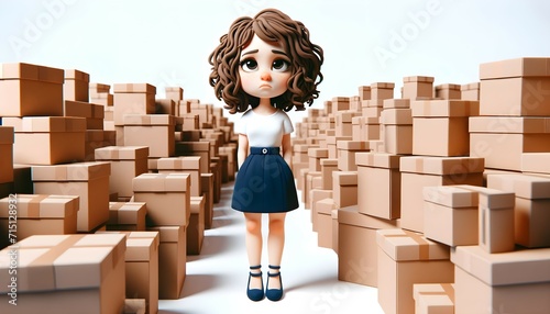 Personnage en pâte à modeler : Femme perdue au milieu de cartons