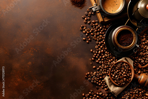 Gourmet Coffee Banner with Fresh Beans, Espresso Cup, and Grinder on Dark Background