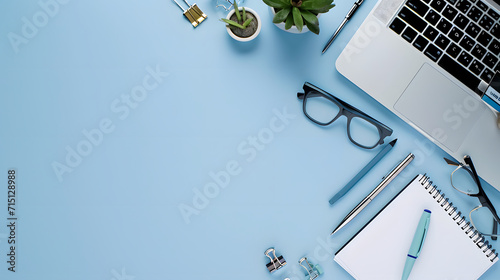 Modern Office Stationery and Laptop on Blue Background Banner
