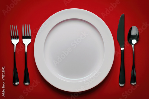 Empty white plate with cutlery on red background. High quality photo