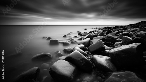 Dramatic Black and white image of a rocky beach