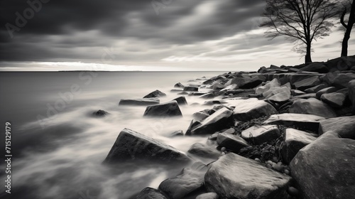 Dramatic Black and white image of a rocky beach