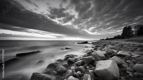 Dramatic Black and white image of a rocky beach